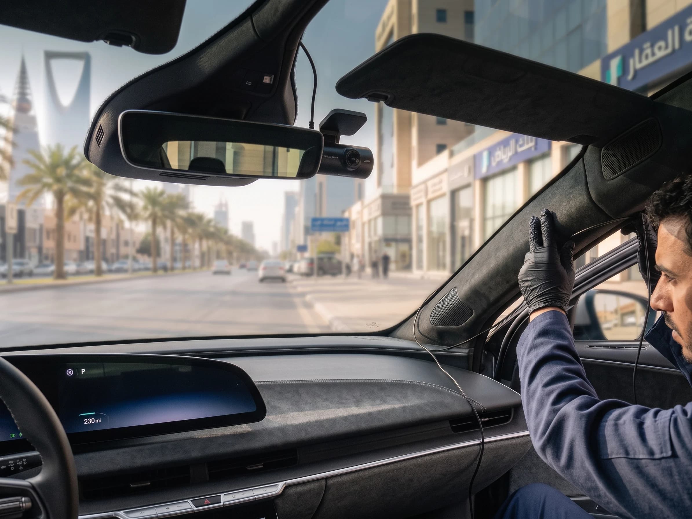 فنّي يرتدي قفازات يركّب داشكام بجانب مرآة الرؤية الخلفية، ومن خلف الزجاج الأمامي شارع في الرياض تظلّله أشجار النخيل